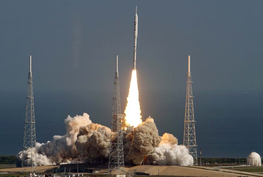 The Ares 1-X test rocket lifts off from Kennedy Space Centre