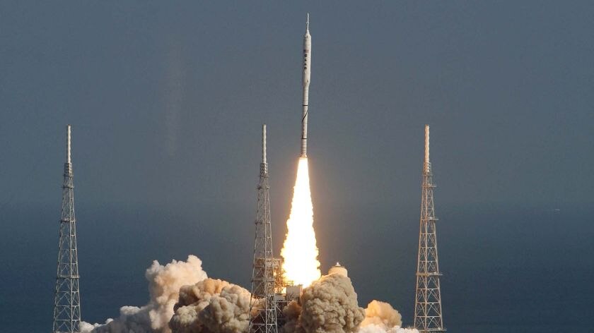 The Ares 1-X test rocket lifts off from Kennedy Space Centre
