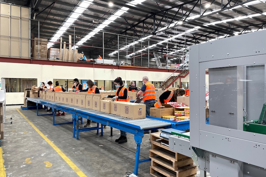 Workers in a warehouse package boxes.