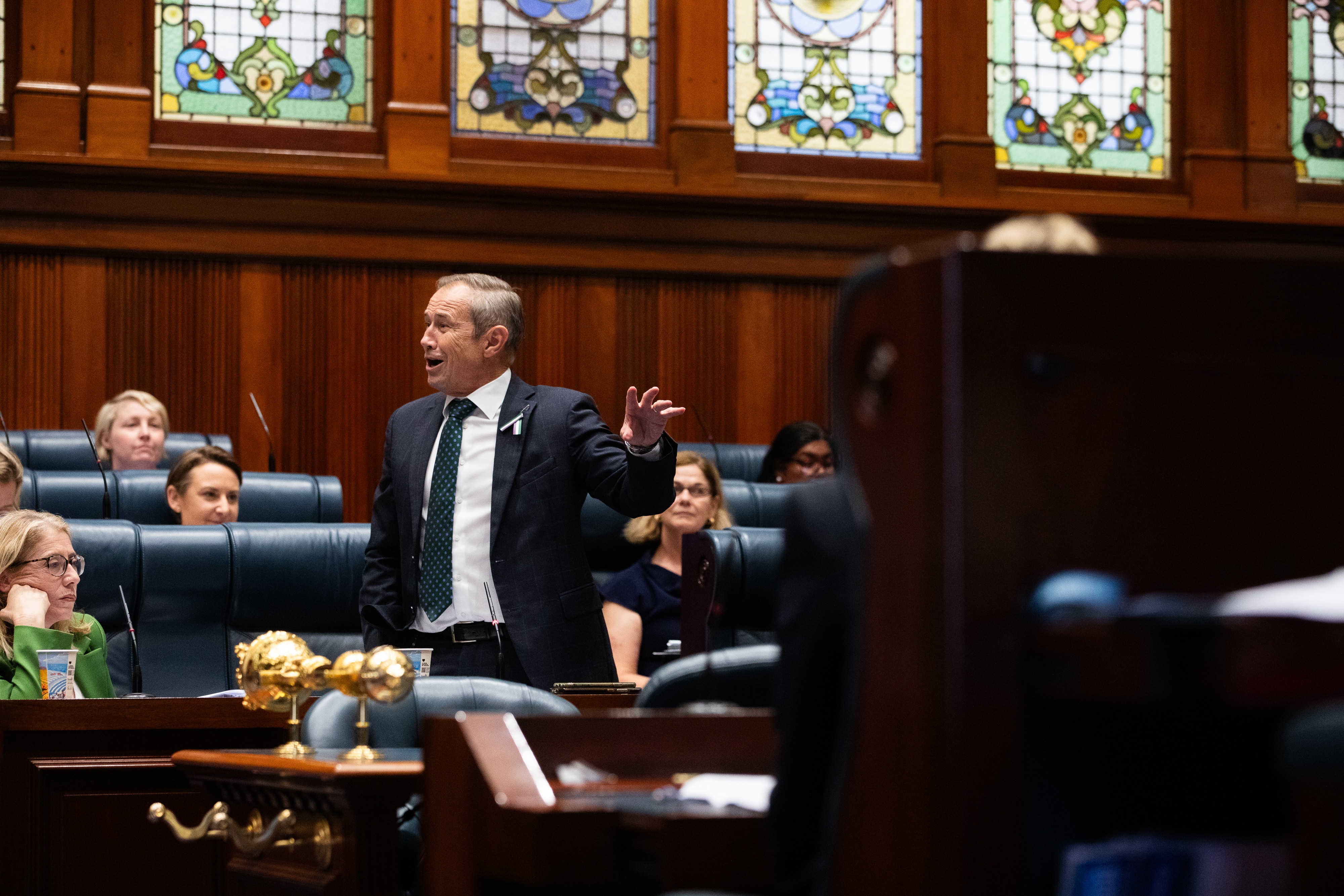 Roger Cook standing and gesturing while speaking in Parliament.