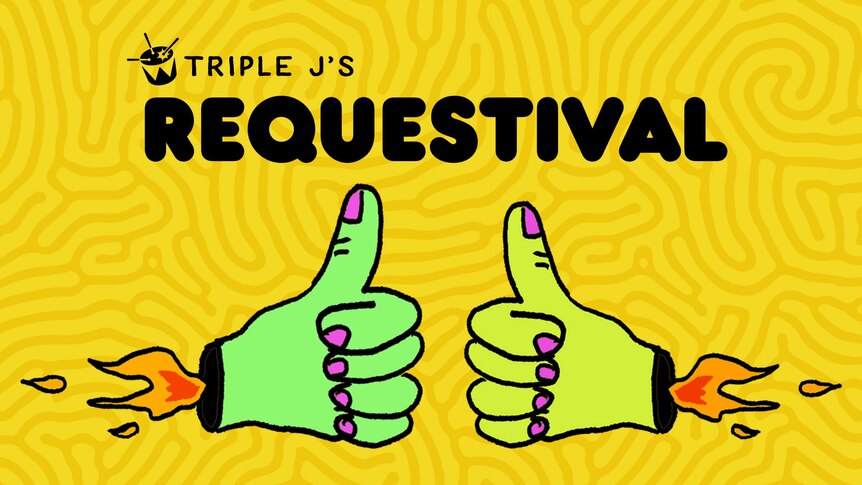 artwork for triple j's Requestival showing two rocketing hands showing thumbs up