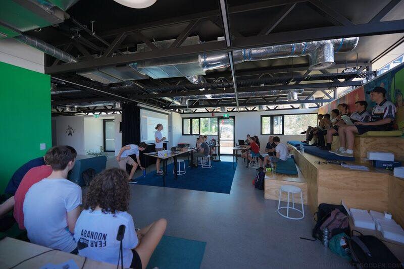 A drone training class with students seated