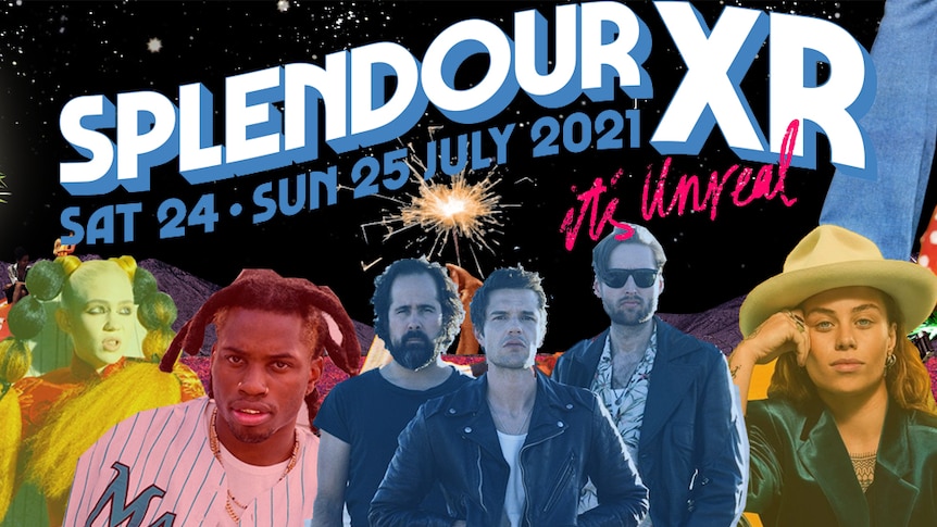 A collage of Splendour XR 2021 lineup: Grimes, Denzel Curry, The Killers, Tash Sultana,