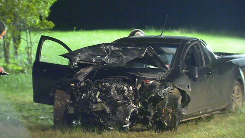 A black ute involved in a head-on crash at Sunbury