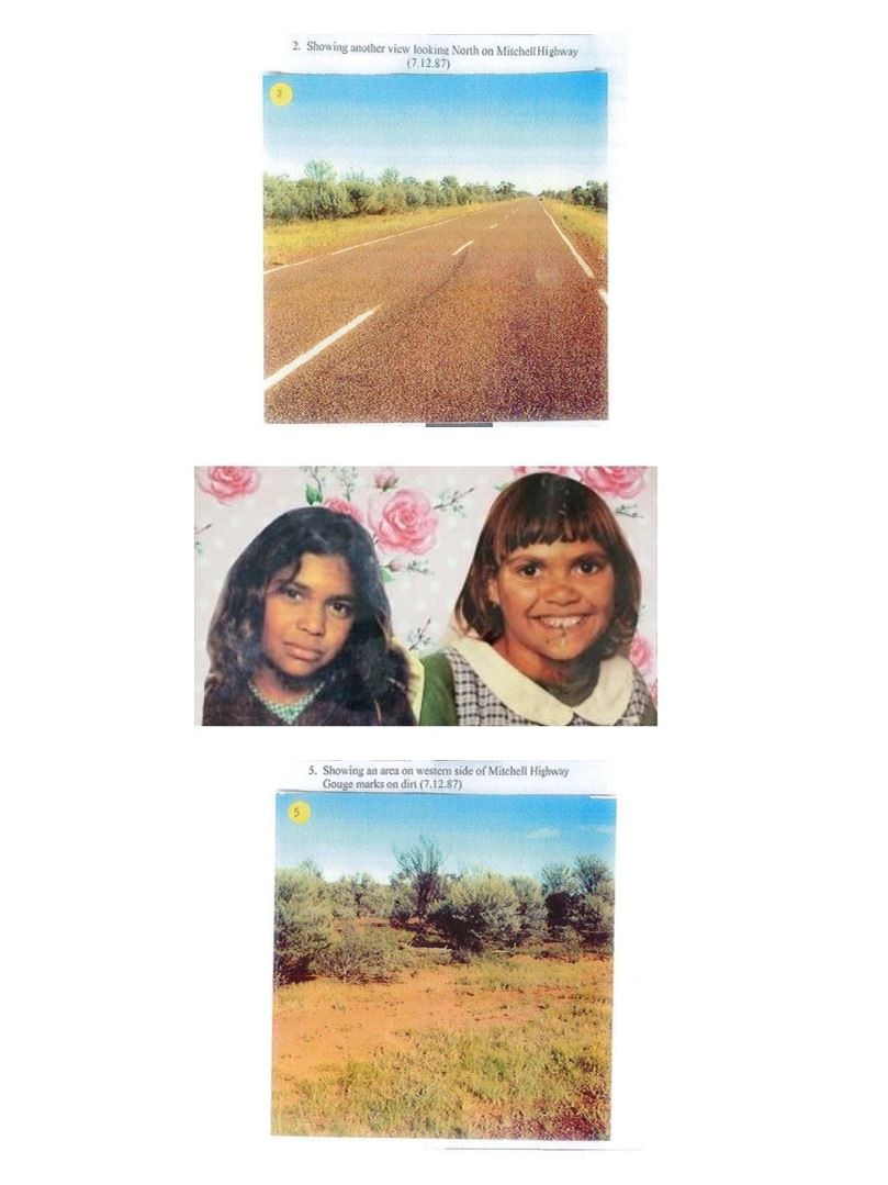 Three images showing a road, two teenage girls and a patch of scrubland in the outback.