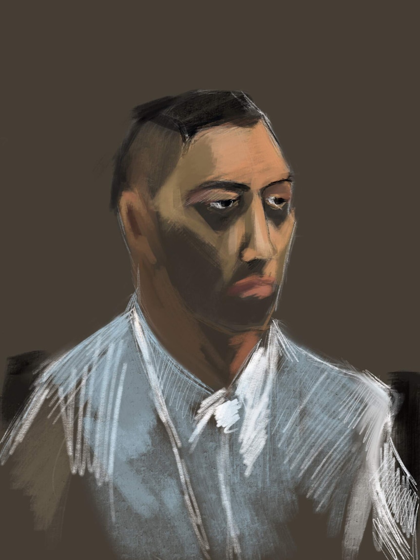 A court sketch of Armstrong Renata, of maori appearance in white shirt.