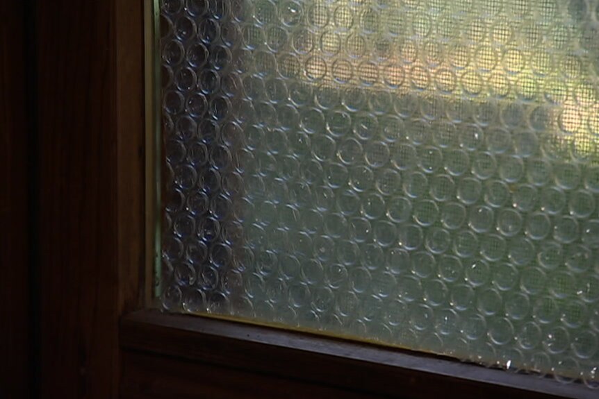 Closeup of bubble wrap stuck to a window with the outside blurry.