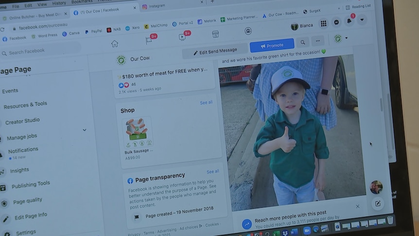 An image of a Facebook page on a laptop, featuring a photo of a young boy giving a thumbs up.