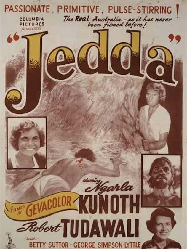 A black-and-white movie poster showing a felled native man and the self-proclaimed character, Jedda, hiding behind a tree.