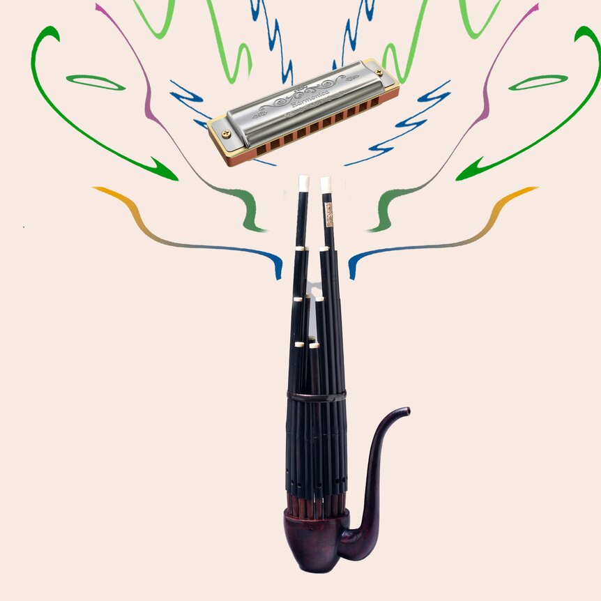 A Chinese sheng and a metal harmonica on a beige background, with swirls of green and blue suggesting energy and momentum. 