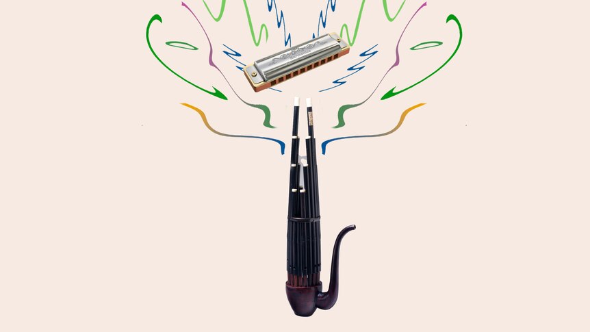A Chinese sheng and a metal harmonica on a beige background, with swirls of green and blue suggesting energy and momentum. 