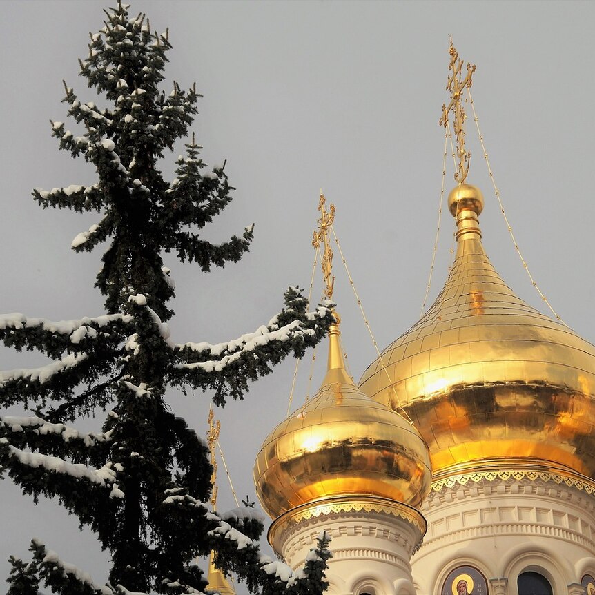 The golden domes of a Russian Orthodox church.