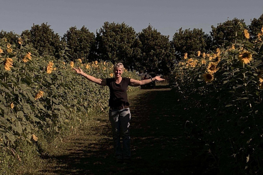 Michele Stephens stands between rows of sunflowers on her vegetable farm.