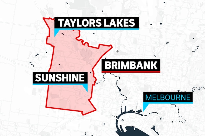A graphic of the municipality of Brimbank showing Sunshine and Taylors Lakes and the distance of the area from Melbourne CBD.