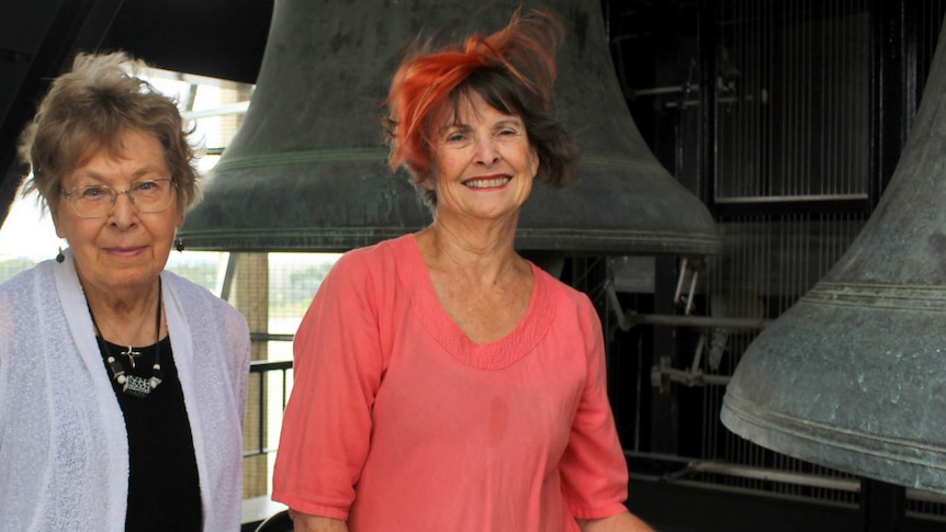 Senior carillonists Astrid Bowler and Lyn Fuller in the National Carillon's bell chamber.