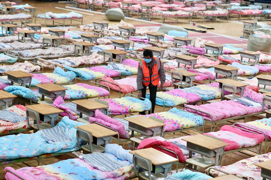 Rows and rows of beds with pink and blue sheets.