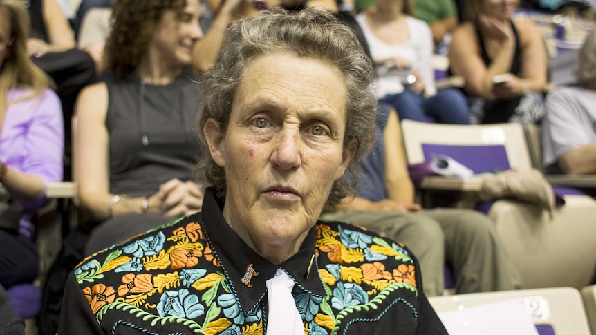 A woman with short grey hair and coloured print shirt with white neck tie looks to camera. A crowd is seated in background.