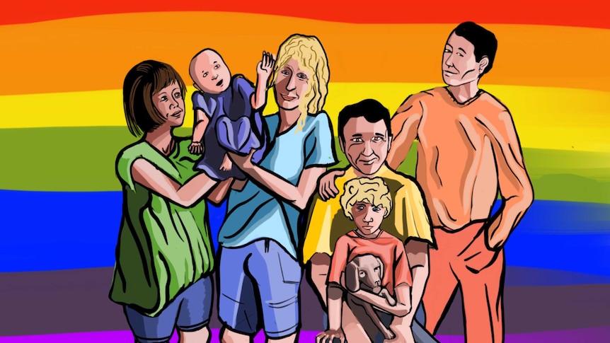 Four parents and two children standing against a rainbow backdrop.