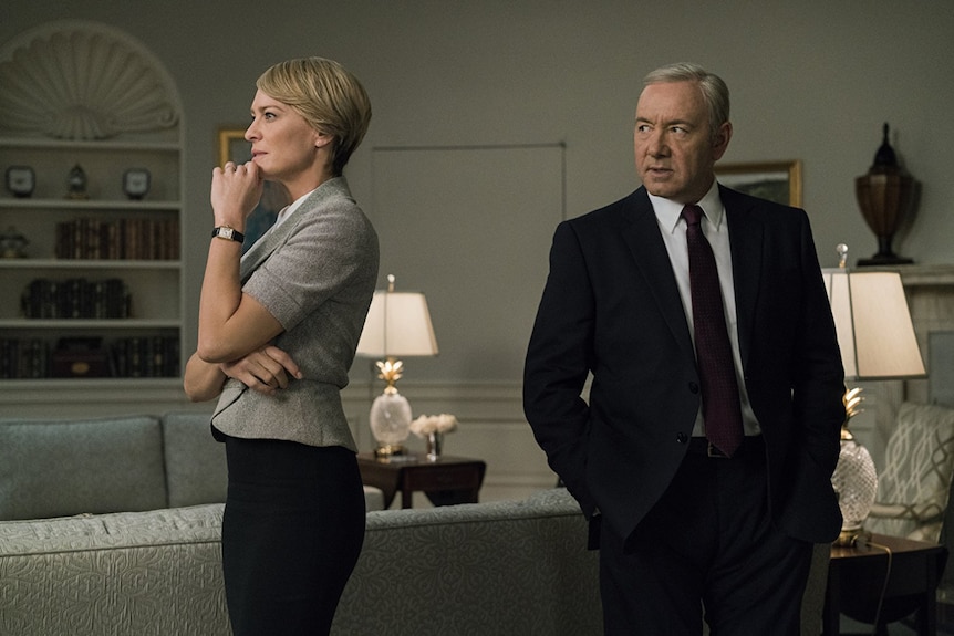 Promotional image for the Netflix series House of Cards starring Kevin Spacey and Robin Wright.