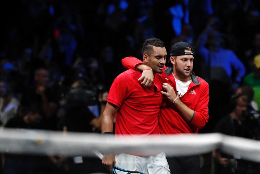 Nick Kyrgios consoled by Jack Sock at Laver Cup