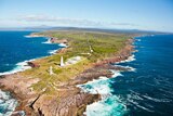 A drone image shows Green Cape Lighthouse and Ben Boyd National Park