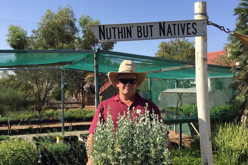 A man standing holding a tray of plants underneath a re-purposed street sign