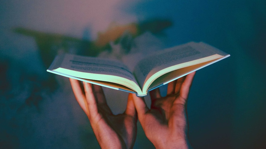 a pair of hands hold an open book balanced on figertips. Viewed from the side