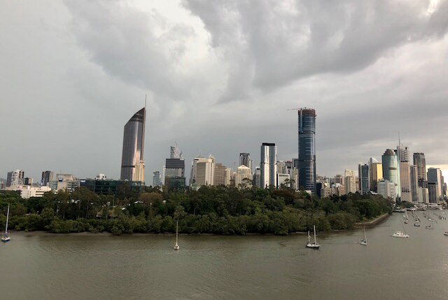 Storm clouds over Brisbane's city from Kangaroo Point cliffs on October 21, 2018.