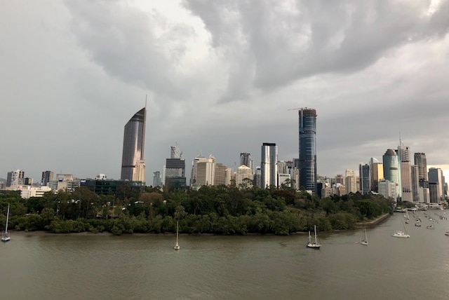 Storm clouds over Brisbane's city from Kangaroo Point cliffs on October 21, 2018.