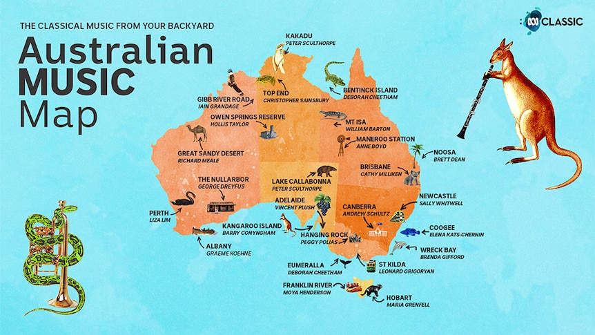 An illustrated map of Australia featuring location names and composers who have written about or are from the place.