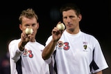 Brett Lee and Michael Kasprowicz during training at Docklands.