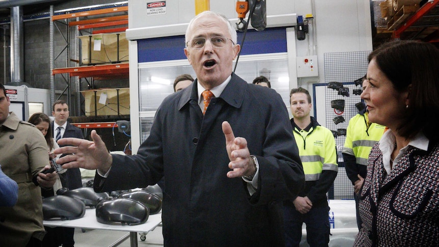 Malcolm Turnbull speaking at a factory.