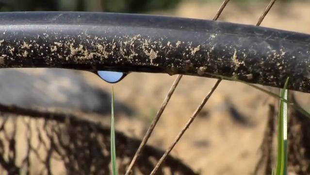 Water droplet on underside of black poly water pipe
