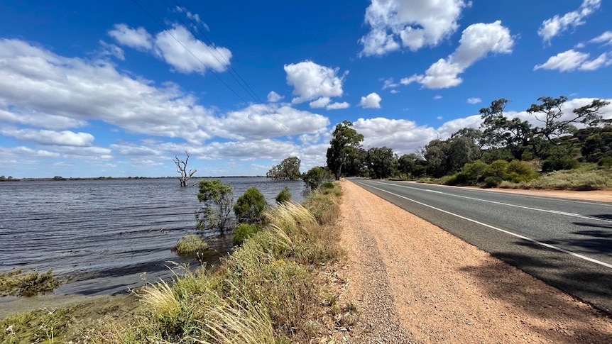 A body of water next to a country road. Above is a blue sky with white clouds.