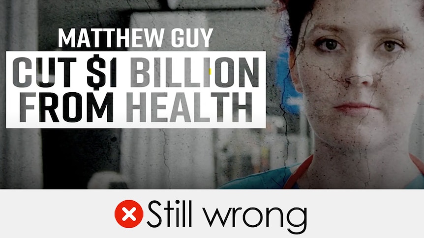 A dark graphic featuring a women looking at the camera and bold text that reads Matthew Guy: Cut $1 Billion From Health