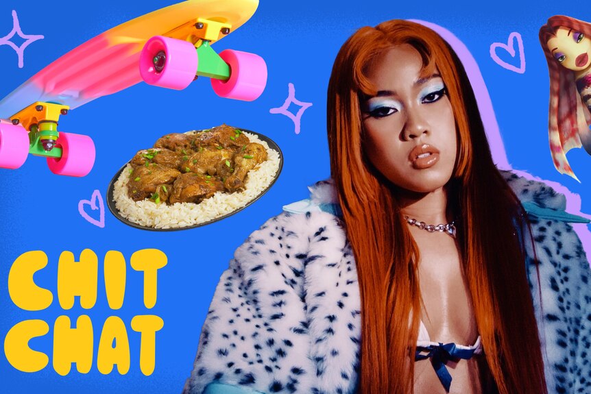 A glam shot of Lara Andallo with a penny board, bowl of Filipino adobo stew, and the hot fish from Shark Tale.