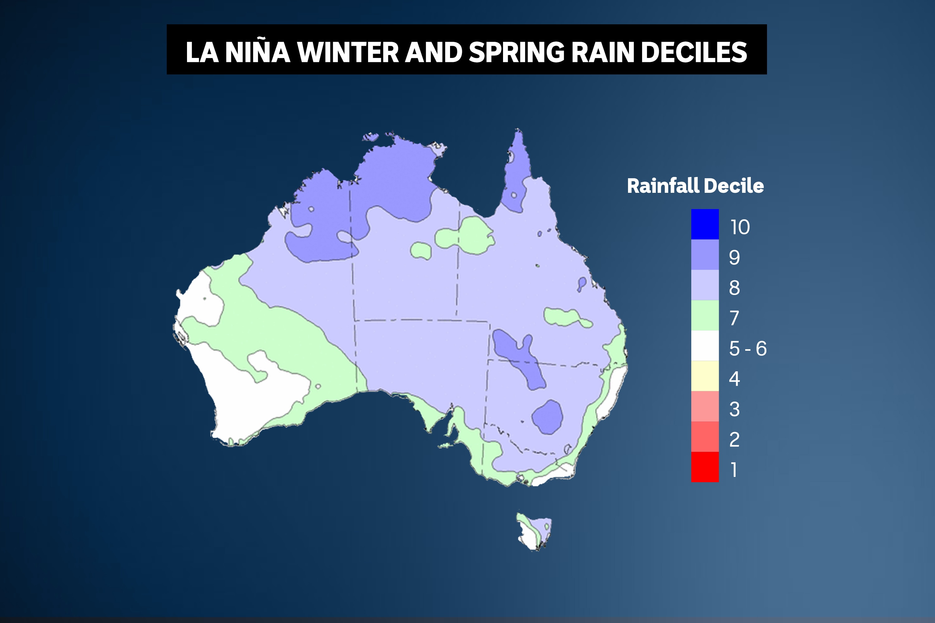 A map of Australia showing rainfall decile levels