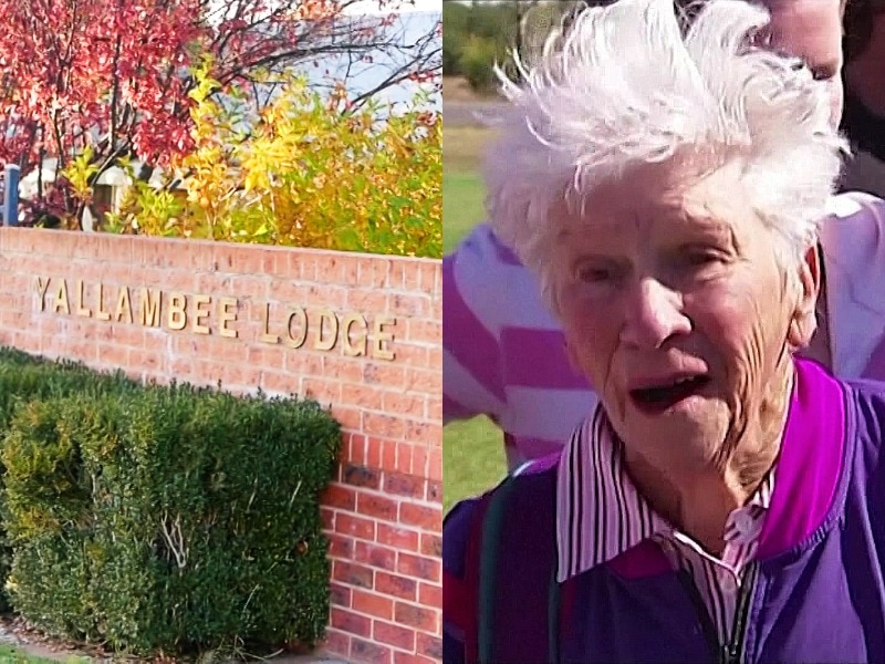 a composite image of the outside of a nursing home and an elderly woman