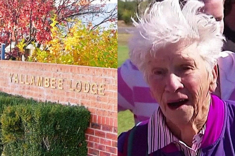 A composite image of the outside of a nursing home and an elderly woman.