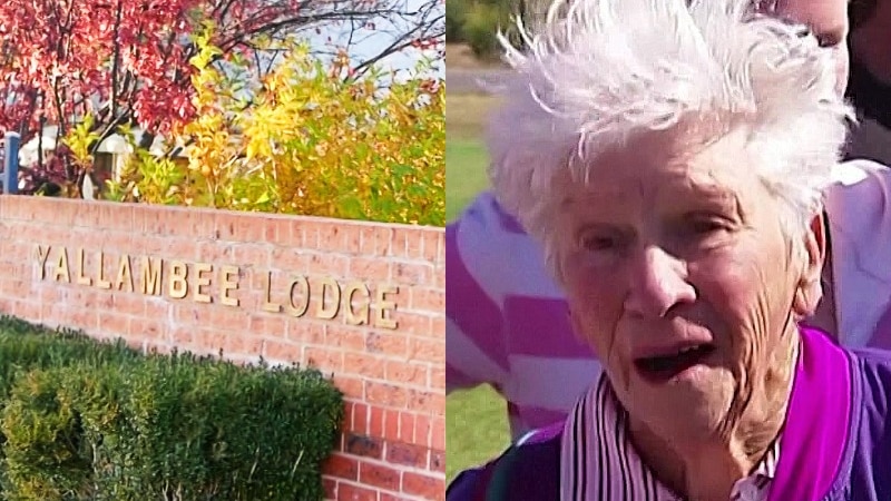 a composite image of the outside of a nursing home and an elderly woman