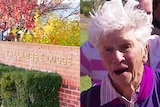a composite image of the outside of a nursing home and an elderly woman