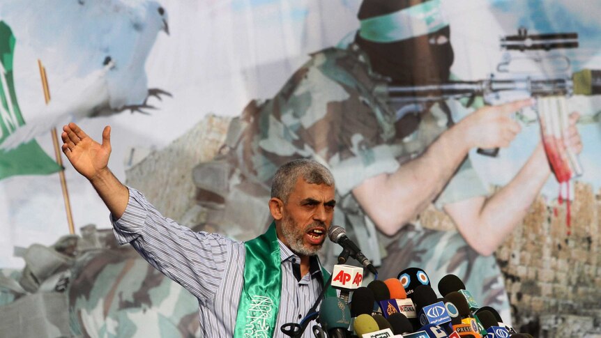 Freed Palestinian prisoner Yehiya Sinwar, a founder of Hamas' military wing, talks during a rally in the Gaza Strip in 2011.