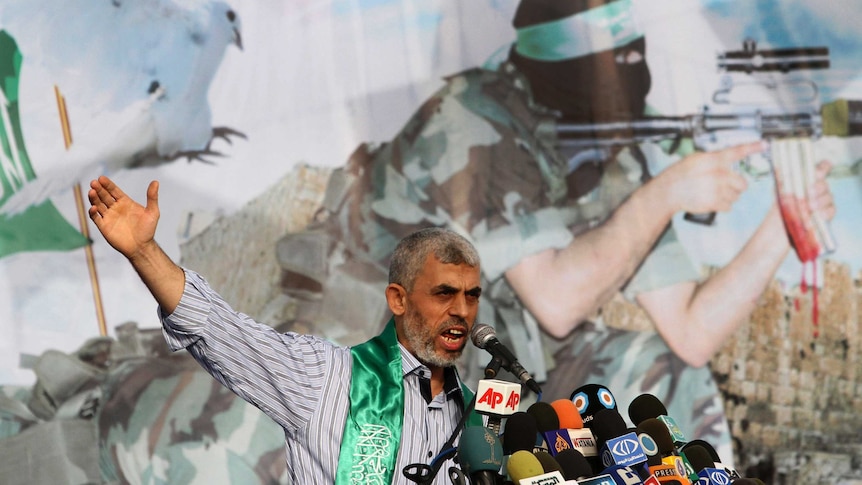 Freed Palestinian prisoner Yehiya Sinwar, a founder of Hamas' military wing, talks during a rally in the Gaza Strip in 2011.