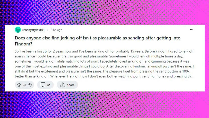 a reddit post that says 'does anyone else find jerking off isn't as pleasureable as sending after getting into findom?'