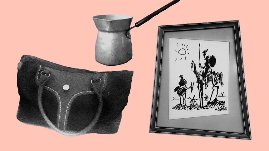 A composite of an aluminium jug, painting and handbag to depict the objects you can't get rid of after a loved one's death.