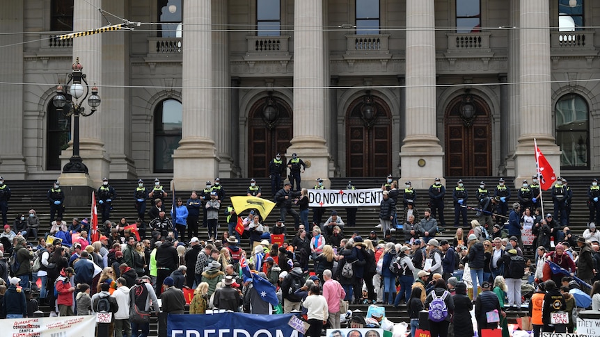 Dozens of protesters stand outside the Parliament of Victoria, as police stand on the steps.