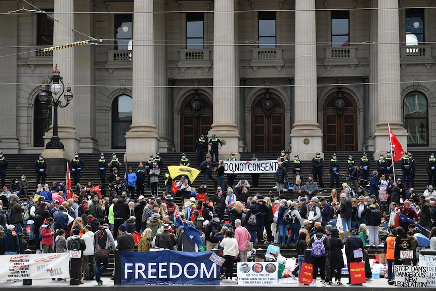 Dozens of protesters stand outside the Parliament of Victoria, as police stand on the steps.