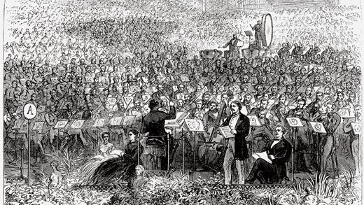 Black and white drawing of a performance of Handel's Messiah at London's Crystal Palace, 1865.