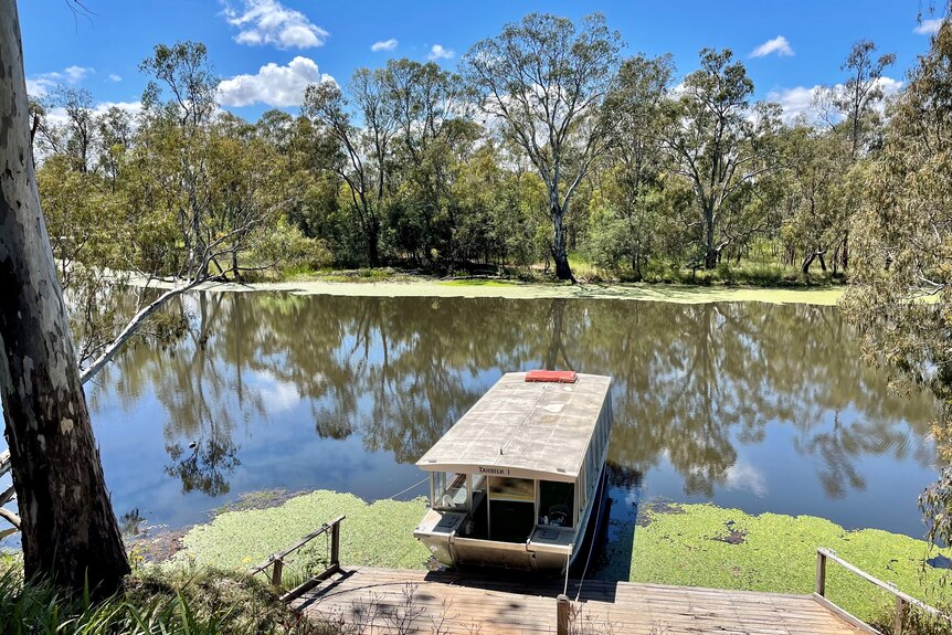 A small boat at the ready on the edge of a river.