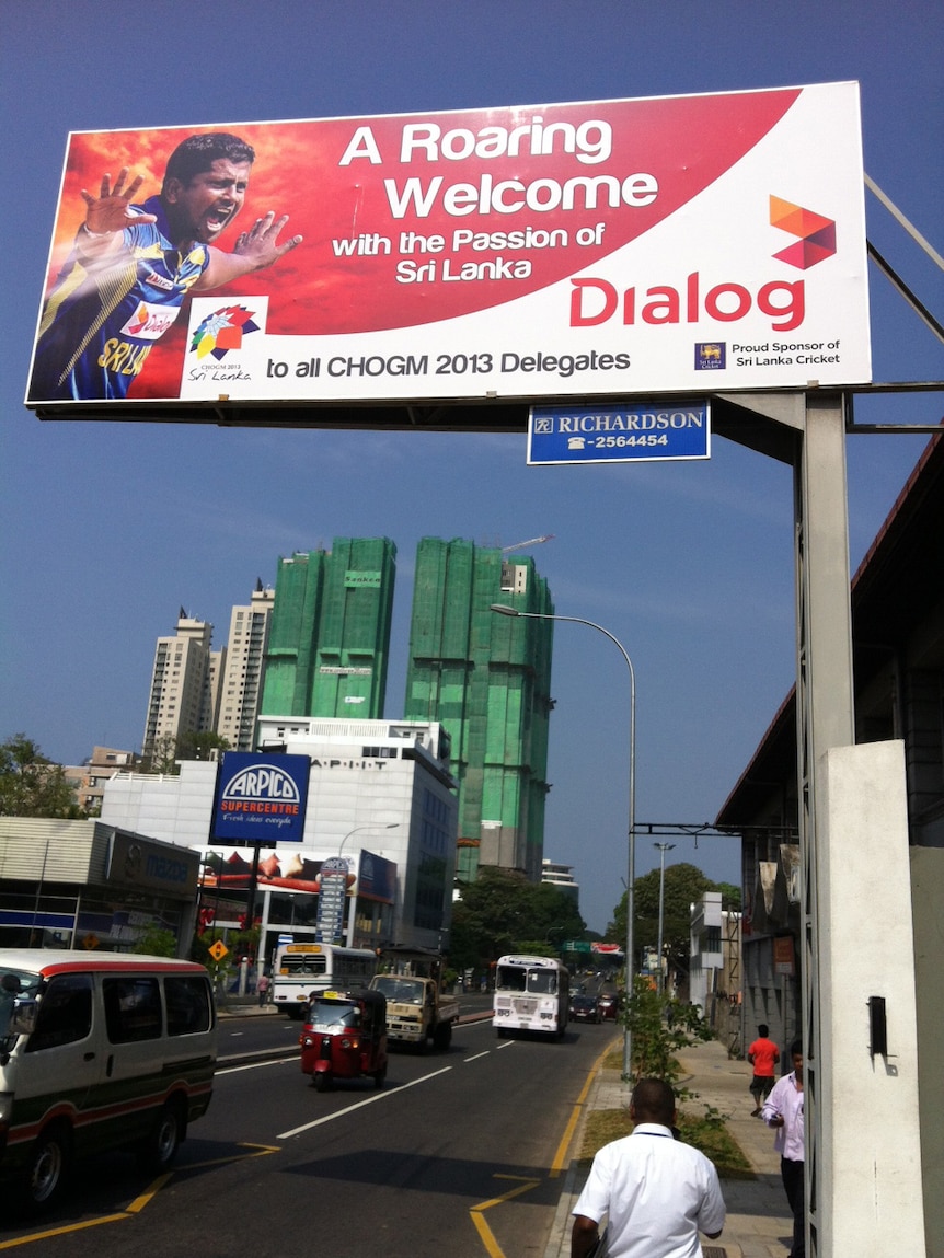 A sign welcoming political leaders to Sri Lanka for CHOGM